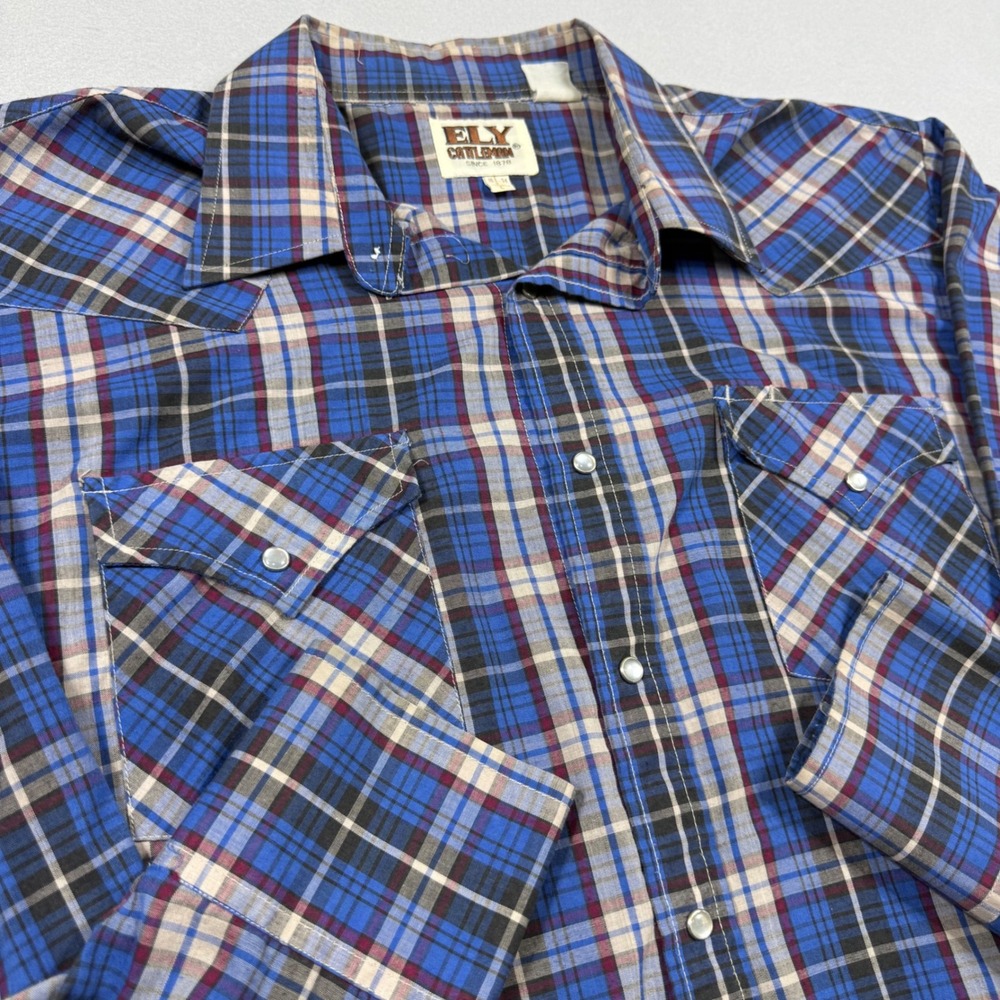 Ely Cattleman Vintage Mens Blue Plaid Western Pearl Snap Lng Sleeve Shirt Size M